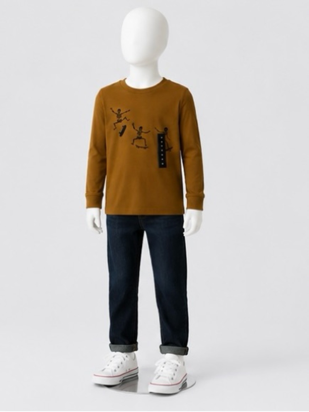 Boy Size 8/10 Long Sleeve Skateboard Skeleton Graphic Shirt Brown Halloween Fall - Picture 3 of 10